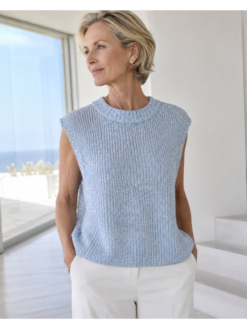 AKRIS PUNTO Ice Blue Denim Rib Knit Top Size 14